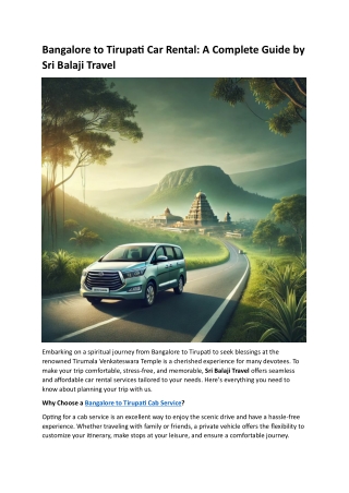 Bangalore to Tirupati Car Rental- A Complete Guide by Sri Balaji Travel