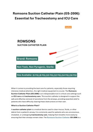 Romsons Suction Catheter Plain (GS-2006): Essential for Tracheostomy and ICU Car