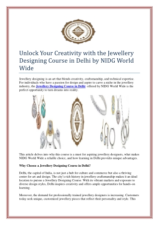 Unlock Your Creativity with the Jewellery Designing Course in Delhi by NIDG Worl