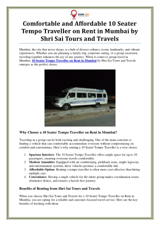 10 Seater Tempo Traveller on Rent in Mumbai