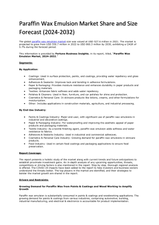 Comprehensive Analysis of the Paraffin Wax Emulsion Market (2024-2032)