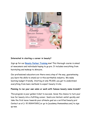 Begin Your Journey Beauty Parlour with Our Salon Training