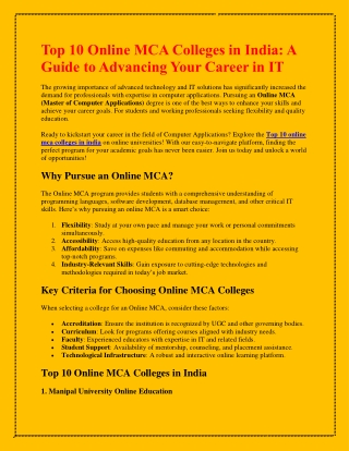 Top 10 Online MCA Colleges in India: A Guide to Advancing Your Career in IT