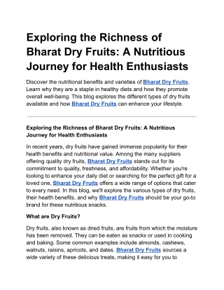 Exploring the Richness of Bharat Dry Fruits: A Nutritious Journey for Health Ent