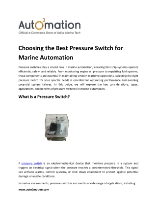 Choosing the Best Pressure Switch for Marine Automation