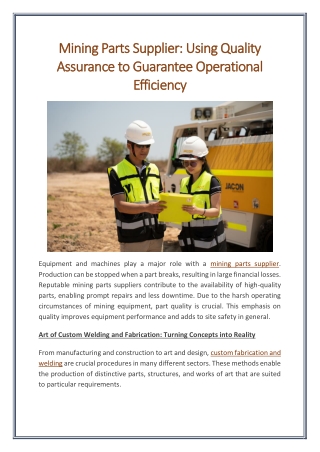 Mining Parts Supplier Using Quality Assurance to Guarantee Operational Efficiency