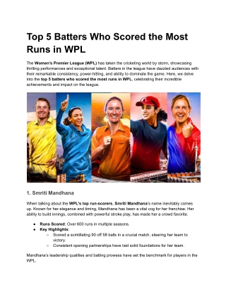 Top 5 Batters Who Scored the Most Runs in WPL