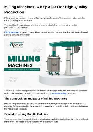 Milling Machines A Key Asset for High-Quality Production