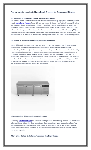 Top Features to Look for in Under Bench Freezers for Commercial Kitchens