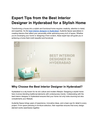 Expert Tips from the Best Interior Designer in Hyderabad for a Stylish Home
