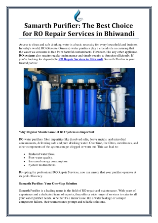 RO Repair Services in Bhiwandi - Samarth Purifier