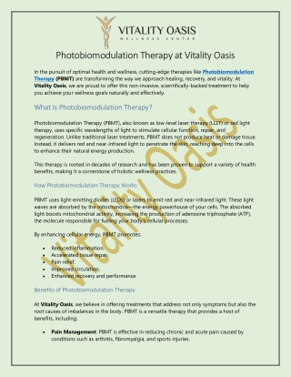 Photobiomodulation Therapy at Vitality Oasis