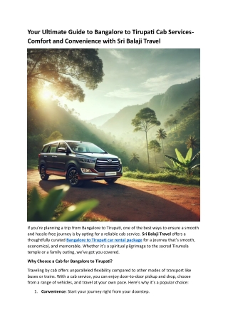 Your Ultimate Guide to Bangalore to Tirupati Cab Services- Comfort and Convenience with Sri Balaji Travel