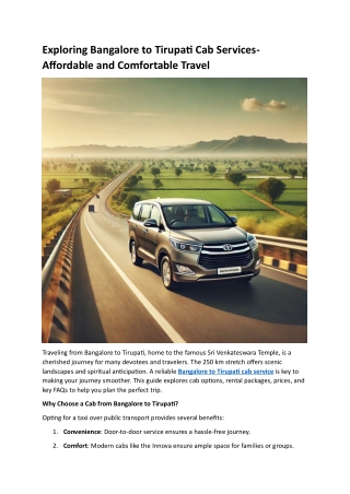 Exploring Bangalore to Tirupati Cab Services- Affordable and Comfortable Travel