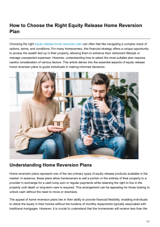 How to Choose the Right Equity Release Home Reversion Plan