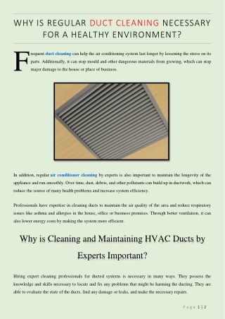 Why is Regular Duct Cleaning Necessary for a Healthy Environment