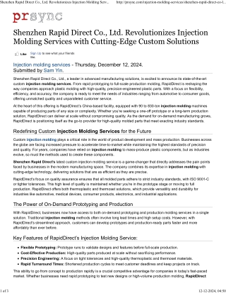 Shenzhen Rapid Direct Co., Ltd. Revolutionizes Injection Molding Services with Cutting-Edge Custom Solutions
