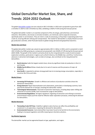 Demulsifier Market Outlook: Industry Size, Share, and Forecasts (2024-2032)