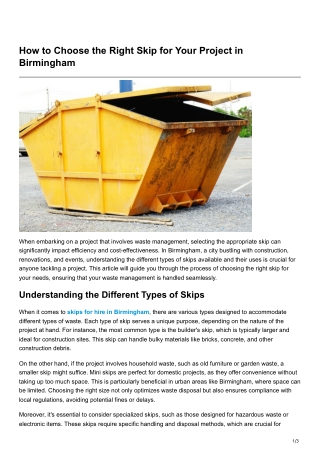 How to Choose the Right Skip for Your Project in Birmingham
