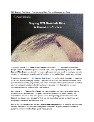 1121 Basmati Rice Buyer – Premium Long-Grain Rice for Wholesale and Trade