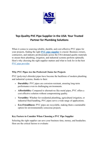 Top-Quality PVC Pipe Supplier in the USA  Your Trusted Partner for Plumbing Solutions