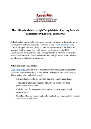 The Ultimate Guide to High Temp Metals  Sourcing Reliable Materials for Industrial Excellence