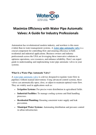 Maximize Efficiency with Water Pipe Automatic Valves  A Guide for Industry Professionals