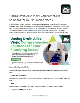 Reliable Unclog Drain Services in Aliso Viejo