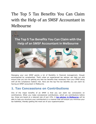 The Top 5 Tax Benefits You Can Claim with the Help of an SMSF Accountant in Melbourne