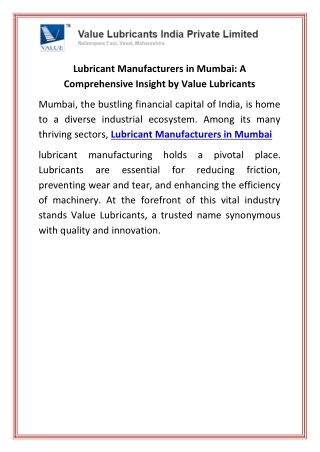 Lubricant Manufacturers in Mumbai A Comprehensive Insight by Value Lubricants