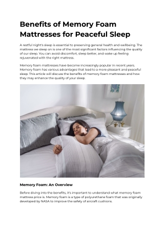 Benefits of Memory Foam Mattresses for Peaceful Sleep