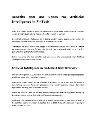 Benefits and Use Cases of Artificial Intelligence in FinTech | Transforming the