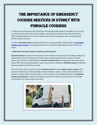 The Importance of Emergency Courier Services in Sydney with Pinnacle Couriers