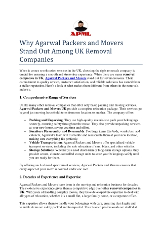 Why Agarwal Packers and Movers Stand Out Among UK Removal Companies