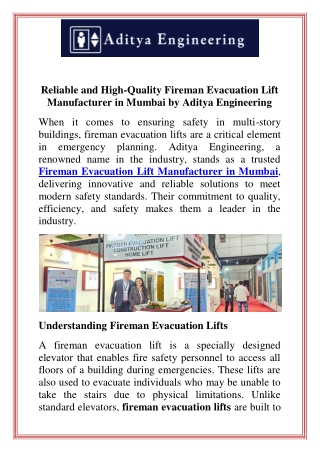 Reliable and High-Quality Fireman Evacuation Lift Manufacturer in Mumbai by Aditya Engineering