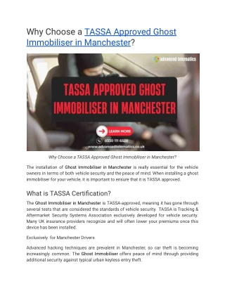 Why Choose a TASSA Approved Ghost Immobiliser in Manchester