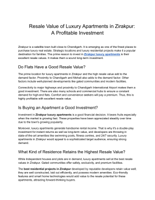 KS Group- Resale Value of Luxury Apartments in Zirakpur_ A Profitable Investment