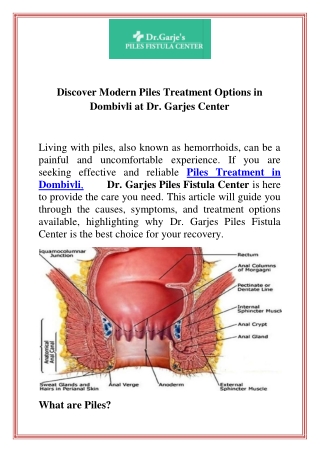 Discover Modern Piles Treatment Options in Dombivli at Dr. Garjes Center