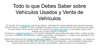 Todo lo que Debes Saber sobre Vehículos Usados y Venta de Vehículos