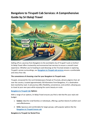 Bangalore to Tirupati Cab Services- A Comprehensive Guide by Sri Balaji Travel