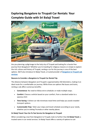 Exploring Bangalore to Tirupati Car Rentals- Your Complete Guide with Sri Balaji Travel