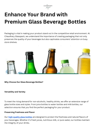 Transform Your Beverage Packaging with Premium Glass Bottles from Chaudhary Glas