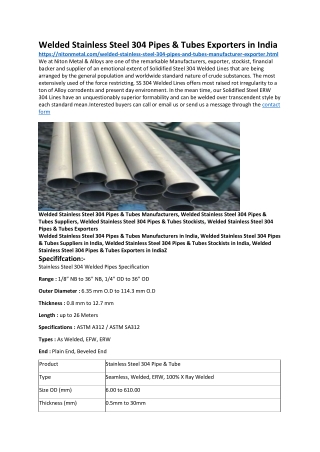 Welded Stainless Steel 304 Pipes & Tubes Exporters in India