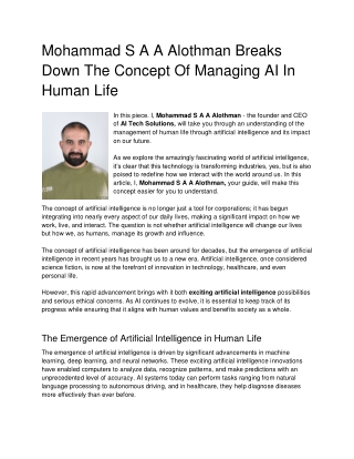 Mohammad S A A Alothman Breaks Down The Concept Of Managing AI In Human Life