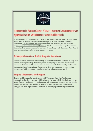 Temecula Auto Care Your Trusted Automotive Specialist in Wildomar and Fallbrook