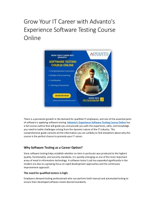 Grow Your IT Career with Advanto's Experience Software Testing Course Online