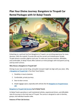 Plan Your Divine Journey- Bangalore to Tirupati Car Rental Packages with Sri Balaji Travels