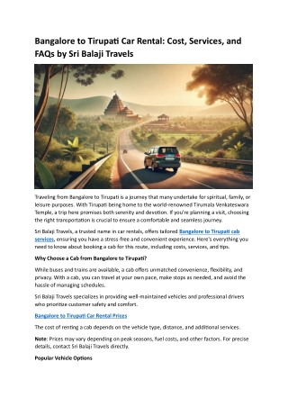 Bangalore to Tirupati Car Rental- Cost, Services, and FAQs by Sri Balaji Travels