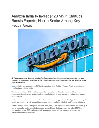 Amazon India to Invest $120 Mn in Startups, Boosts Exports; Health Sector Among Key Focus Areas