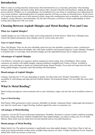 Choosing Between Asphalt Shingles and Metal Roofing: Pros and Cons